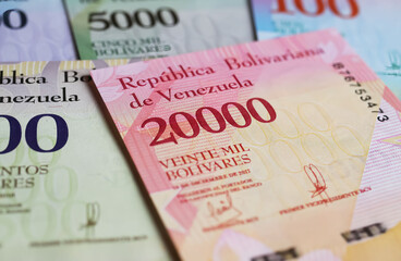 Closeup of old Venezuela central bank Bolivar currency banknote (focus on center)