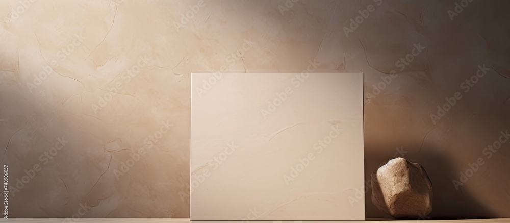 Poster a white square object is placed on a table next to a rock on a stone platform. the minimalistic setu