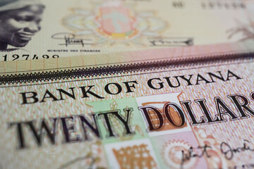 Closeup of old Guyana dollar currency banknote (focus on center)