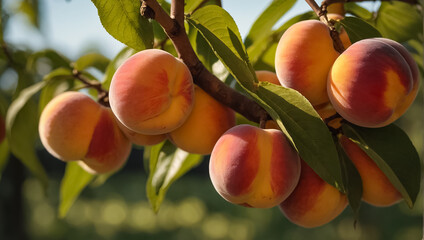 ripe peaches on a branch in the garden summer
