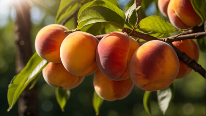 ripe  delicious  peaches on a branch in the garden