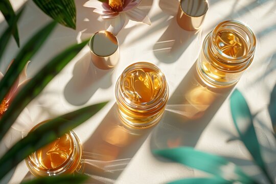 Facial sandalwood oil skin care cream. Skincare treatment products: hair extension makeover lotion, skincare cellulitis gel, oil, pipette with graphic space serum and peptides jar pot