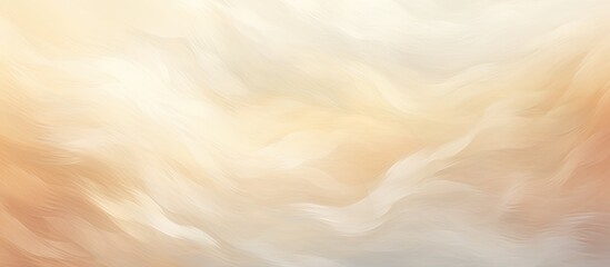 A painting capturing a sky filled with fluffy clouds in various shapes and sizes, illuminated by a serene blend of pastel hues on a warm white textured background.