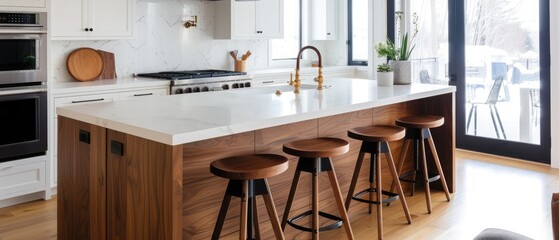 Three wooden stools near at kitchen island Modern