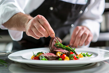 close up image of a fine dining chef finishing to plate a fancy beef dish Generative AI - Powered by Adobe