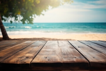 Empty wooden rustic table on blurred background of a beautiful beach. Space for advertising or...