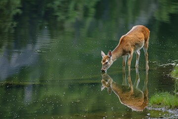 Obraz na płótnie Canvas A deer reflected in a tranquil forest lake.