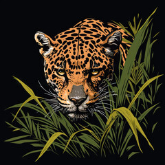 Jaguar Playfully Prowling Through Tall Grass - Safari. Vector Icon Illustration. Animal Nature Icon Concept Isolated Premium Vector. 