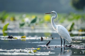 Foto op Plexiglas A solitary egret stands amidst a tranquil lake surrounded by aquatic plants. © Sandris