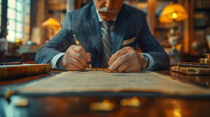 a man in a suit and tie is writing on a piece of paper - obrazy, fototapety, plakaty