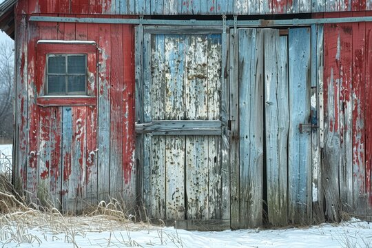 A weathered red barn with peeling paint and a wooden door in a snowy landscape.