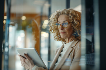 Curly-Haired Businesswoman with Tablet Indoors. Mature professional woman with curly hair smiling while reading on a tablet in a well-lit, stylish interior space. - obrazy, fototapety, plakaty