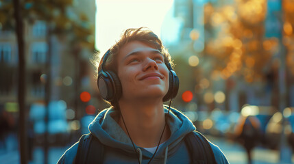 Joyful Teen Enjoying Music Outdoors. Smiling teen with headphones outside.