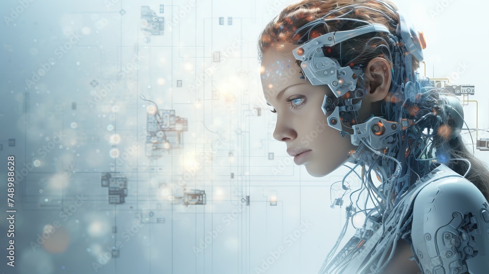 Aufkleber female android with cybernetic enhancements. concept of futuristic biotechnology, artificial intelli