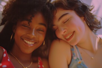 portrait of two teenage girls – Interethnic friendship, trust, togetherness - obrazy, fototapety, plakaty