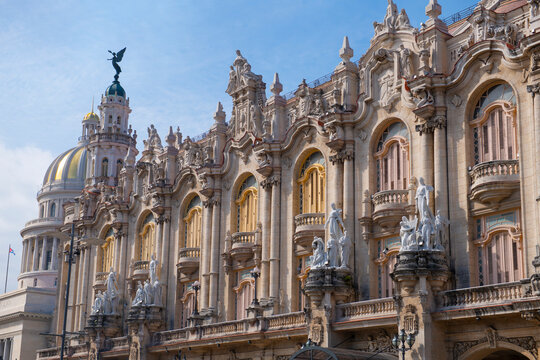 Grand Theater of Havana (Gran Teatro de la Habana) on Paseo del Prado at Central Park (Parque Central) in Old Havana (La Habana Vieja), Cuba. Old Havana is a World Heritage Site. 