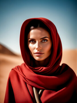 Woman with red shawl on her head and desert background.