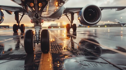 Close-up of airplane landing gear on a reflective wet tarmac at dusk - obrazy, fototapety, plakaty