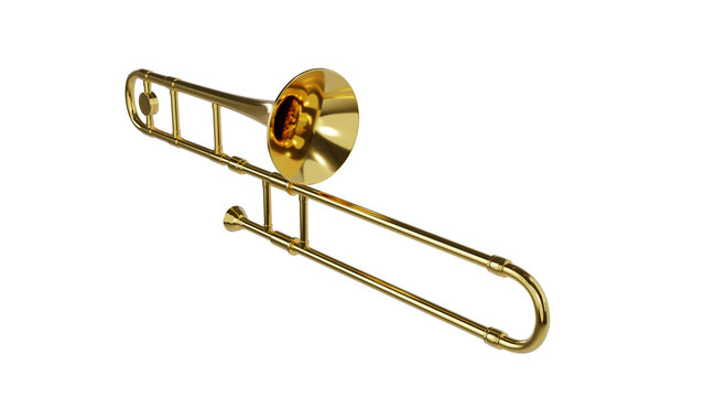 Brass trombone isolated on transparent and white background. Music concept. 3D render