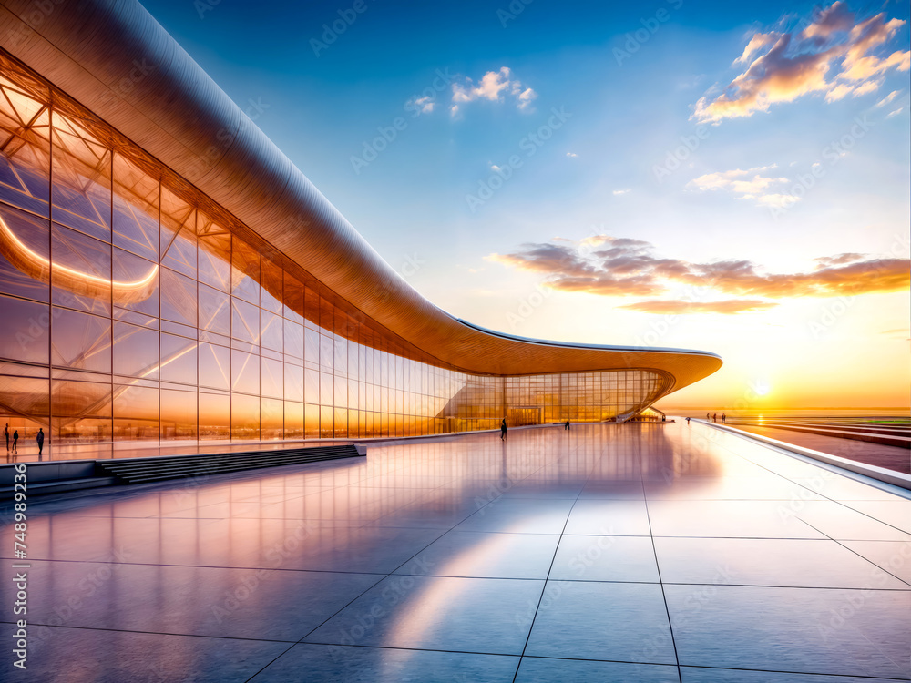 Poster the sun is setting over large building with long curved walkway in front of it.