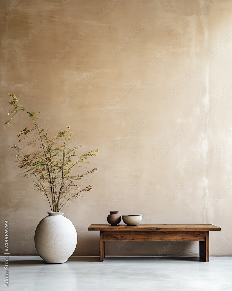 Wall mural Rustic wooden bench and clay vase with branch near beige grunge stucco wall with copy space. Japandi, wabi-sabi home interior design of modern living room.