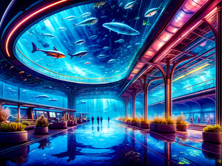 Large aquarium filled with lots of fish under sky filled with clouds.