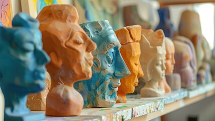 Colorful ceramic sculptures of human faces on a shelf in an art studio