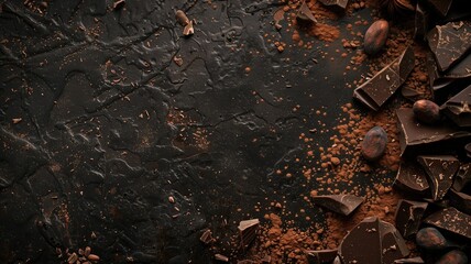 Dark chocolate pieces and cocoa on a textured black surface - obrazy, fototapety, plakaty