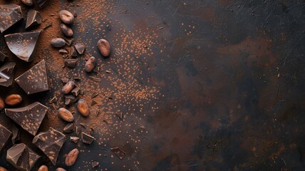Luxurious dark chocolate pieces with cocoa beans on a rustic surface - obrazy, fototapety, plakaty