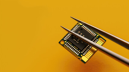 Microchip on a circuit board held by tweezers against yellow background