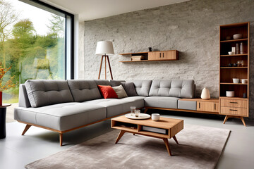 Grey corner sofa against stone cladding wall. Mid century home interior design of modern living room.
