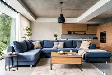 Dark blue sofa in studio apartment. Scandinavian home interior design of modern living room.