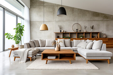 Grey sofa against concrete tiled wall. Loft, minimalist home interior design of modern living room.