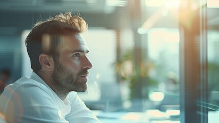 Thoughtful man looking out window, sunlight flaring behind him