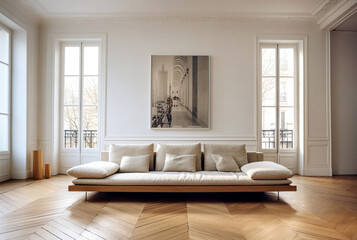White sofa on wooden parquet. Minimalist, scandinavian home interior design of modern living room.