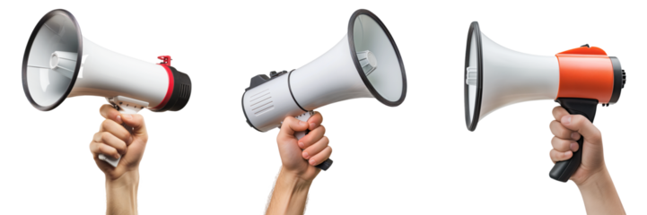 Set of close-up of a white megaphone held in hand, isolated on a white or transparent background. The megaphones is directed sideways. Concept of advertising campaign, loud message.