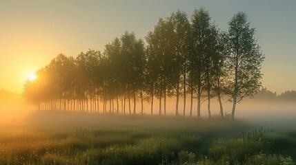 A field with birch trees in the morning - obrazy, fototapety, plakaty