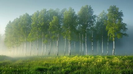 A field with birch trees in the morning