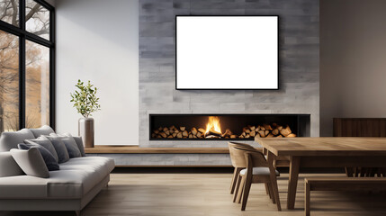 Mockup frame for wall decoration in a room with modern interior, fireplace and luxury furniture