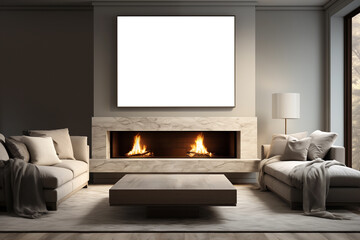 Mockup frame for wall decoration in a room with modern interior, fireplace and luxury furniture