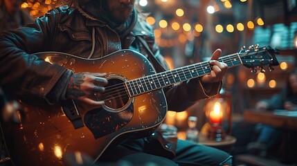 Man strumming an acoustic guitar in dimly lit room