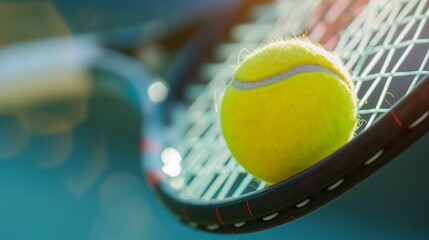 Close-Up of Tennis Ball on Racket Strings, Macro shot of a fuzzy yellow tennis ball pressed against the strings of a racket