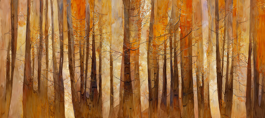 Abstract beauty of Autumn season woods with tall birch tree trunks in a pattern, warm sunlight illuminates the rustic orange and yellow leaves 