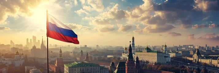 Zelfklevend Fotobehang Russia's flag over the Kremlin, symbolizing the heart of Russian power © EOL STUDIOS