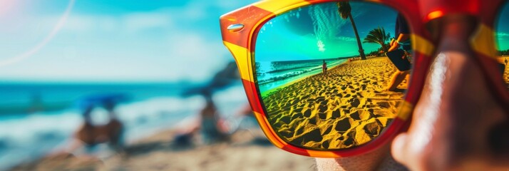 Spain's flag reflected in the sunglasses of a tourist enjoying a beach day - obrazy, fototapety, plakaty