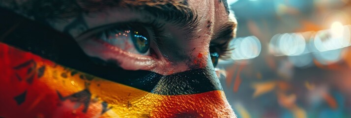 The German flag on a fan's face at a football match, passion and support - obrazy, fototapety, plakaty