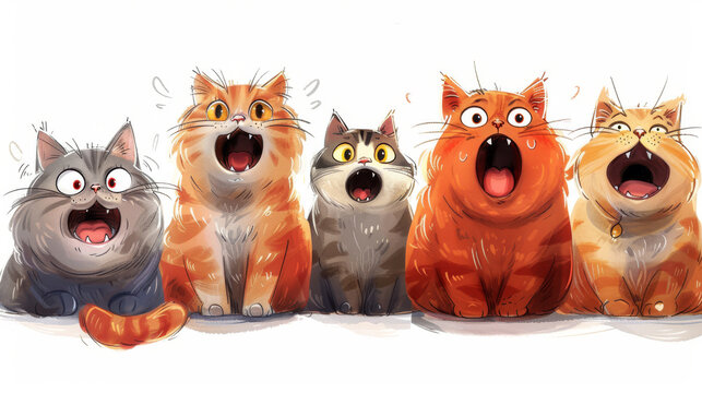 Five funny cats on a white background are screaming loudly. Meowing cats. A gang of cute kittens. An illustration for a children's book.