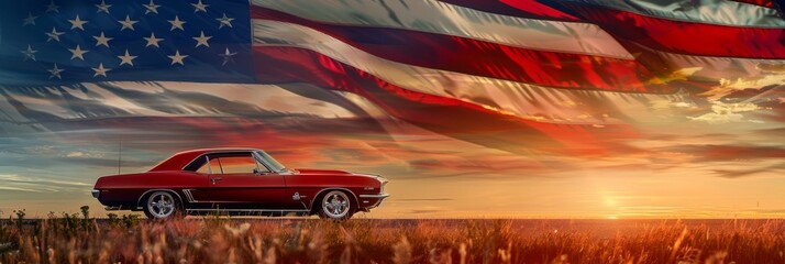 The USA flag as a backdrop for a classic muscle car on Route 66 at dawn - obrazy, fototapety, plakaty