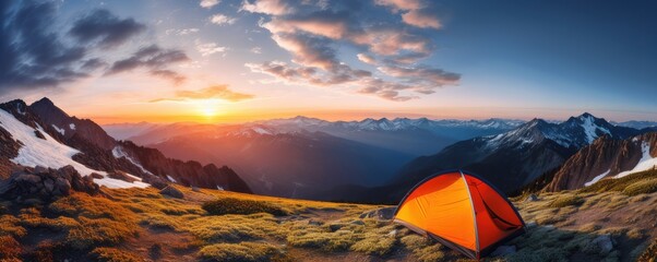 Perfect camping place high in the mountains with tent in summer season, banner. Generative Ai. - obrazy, fototapety, plakaty