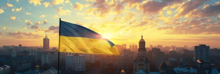 Deurstickers Ukrainian flag waving against a backdrop of Kyiv's historical architecture at sunrise © EOL STUDIOS